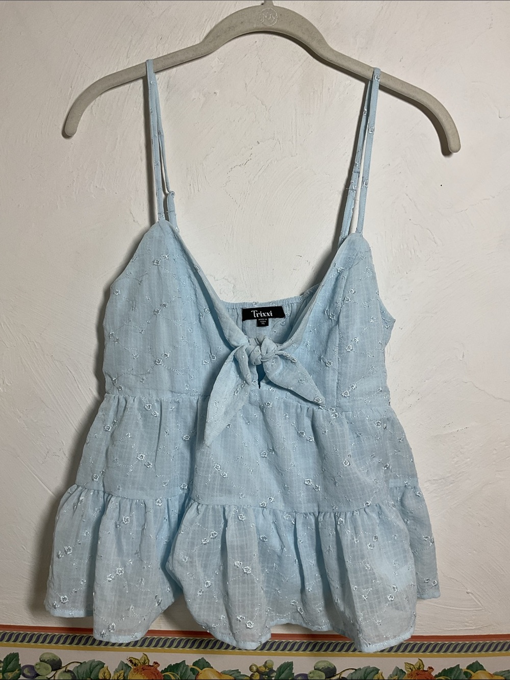 Trixxi Light Blue Embroidered Tie Front Tiered Cami Peplum Tank Top Size XL